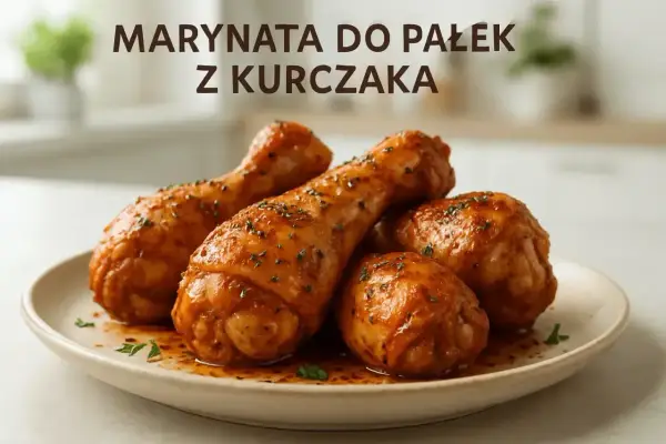 Soczyste pałki z kurczaka w aromatycznej marynacie, posypane ziołami, gotowe do podania.