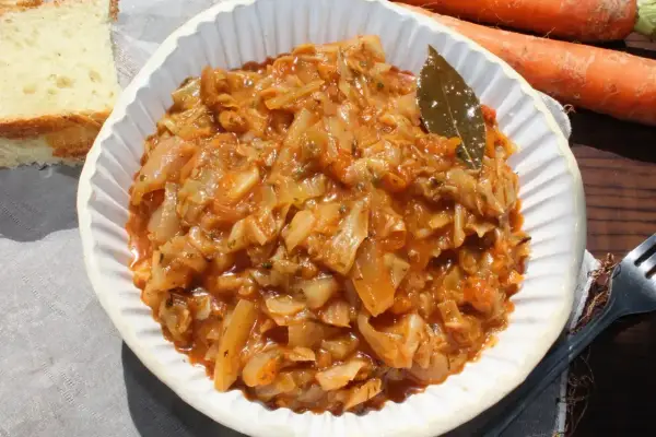 Pyszny bigos z młodej kapusty w białej misce, obok kromka chleba i marchewki.
